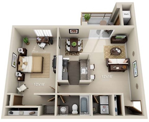 A 3D floor plan of a small apartment with a kitchen, living room, and bathroom.