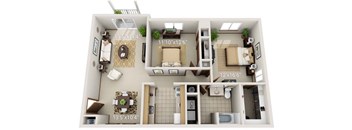 A floor plan of a small apartment with three bedrooms and a living room.