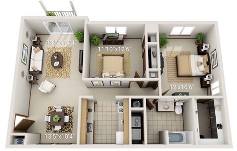 A floor plan of a small apartment with three bedrooms and a living room.
