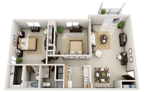 A floor plan of a two-bedroom apartment with dimensions.