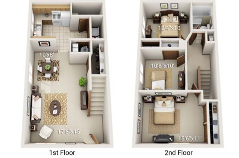 A floor plan of a two-story apartment with dimensions of each room.