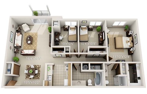 A floor plan of a two-bedroom apartment with dimensions.