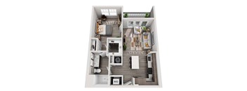 A top-down view of a small apartment layout with a living room, kitchen, and bathroom.