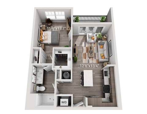 A top-down view of a small apartment layout with a living room, kitchen, and bathroom.