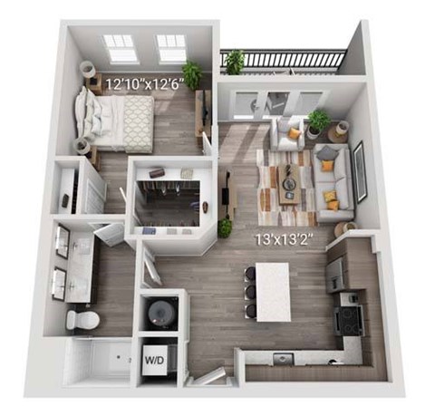 A 13x13 room with a balcony is shown in the image.