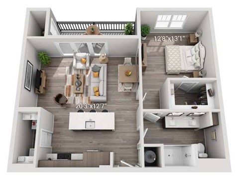 A 20x12 feet floor plan of a house with a living room, kitchen, and two bedrooms.