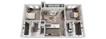 A 3D floor plan of a house with dimensions and a central open space.