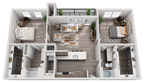 A 3D floor plan of a house with dimensions and a central open space.