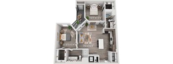A 3D floor plan of a small apartment with a kitchen, living room, and bedroom.