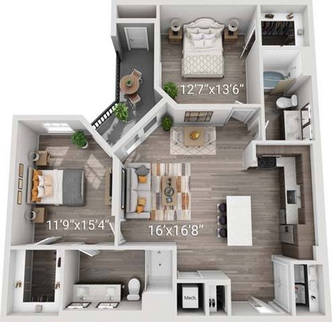 A 3D floor plan of a small apartment with a kitchen, living room, and bedroom.