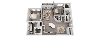 A 3D floor plan of a house with labeled dimensions.