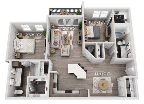 A 3D floor plan of a house with labeled dimensions.