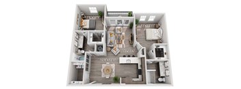 A 3D floor plan of a house with dimensions of each room.