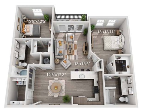 A 3D floor plan of a house with dimensions of each room.