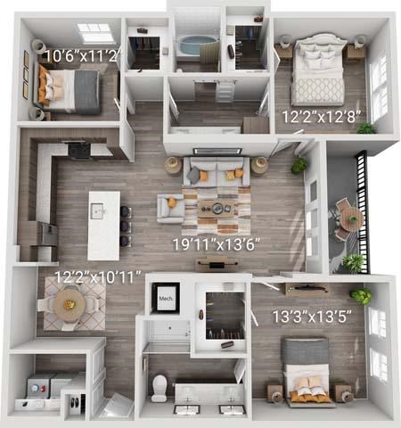 A series of four images showing different layouts of a small apartment.