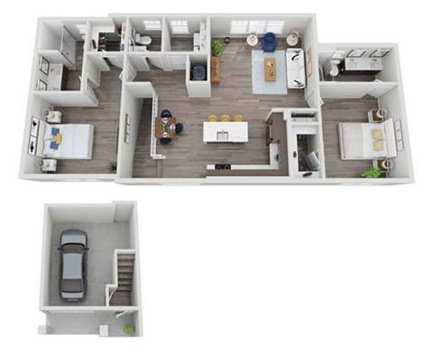 A top-down view of a house layout with a car in the garage.
