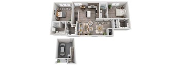 A floor plan of a house with three bedrooms, a living room, a kitchen, and a garage.