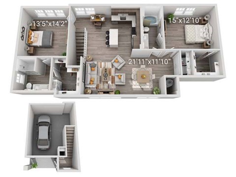 A floor plan of a house with three bedrooms, a living room, a kitchen, and a garage.