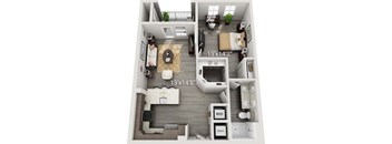 A floor plan of a small apartment with a living room, kitchen, and bathroom.