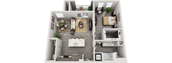 A 3D floor plan of a small apartment with a living room, kitchen, and bedroom.