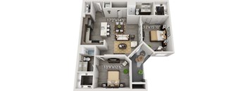 A 3D floor plan of a house with dimensions and furniture layout.