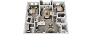 A 3D floor plan of a house with labeled dimensions.
