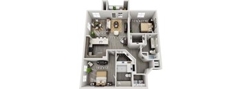 A 3D floor plan of a two-bedroom apartment with dimensions.