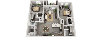 A floor plan of a two-bedroom apartment with a living room, kitchen, and bathroom.