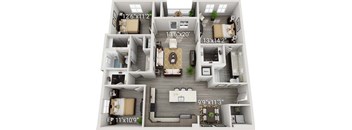 A floor plan of a two-bedroom apartment with dimensions and a 3D rendering of the layout.