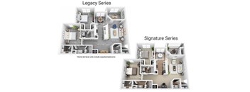 Two floor plans for Legacy and Signature series with carpeted bedrooms on the second and third level.