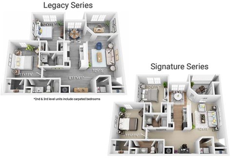 Two floor plans for Legacy and Signature series with carpeted bedrooms on the second and third level.