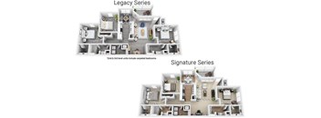 Two floor plans for a Legacy and Signature series with labeled rooms.
