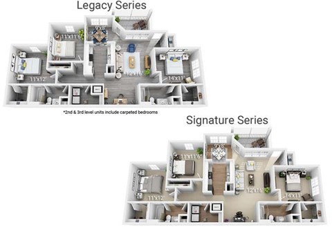 Two floor plans for a Legacy and Signature series with labeled rooms.