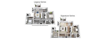 Two floor plans for the Legacy and Signature series, both with second and third level units that include carpeted bedrooms.