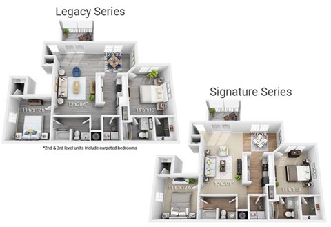 Two floor plans for the Legacy and Signature series, both with second and third level units that include carpeted bedrooms.