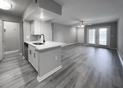 A kitchen with a sink and a window.