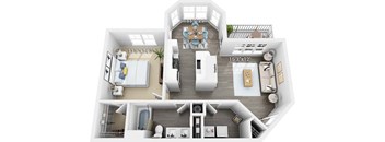 A 3D floor plan of a house showing the layout of the rooms.