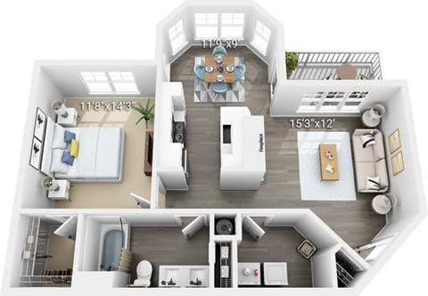 A 3D floor plan of a house showing the layout of the rooms.