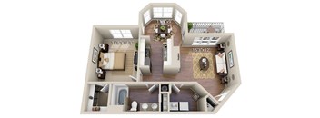 A 3D floor plan of a house with a living room, dining room, kitchen, and two bedrooms.