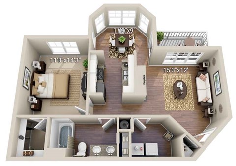 A 3D floor plan of a house with a living room, dining room, kitchen, and two bedrooms.