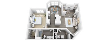 A 3D floor plan of a house showing the layout of the rooms.