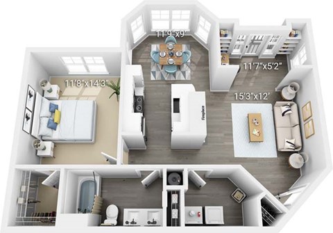 A 3D floor plan of a house showing the layout of the rooms.