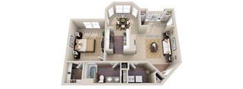 A 3D floor plan of a house with a living room, kitchen, dining room, and bathroom.