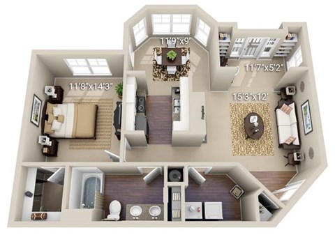 A 3D floor plan of a house with a living room, kitchen, dining room, and bathroom.