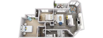 A 3D floor plan of a house with dimensions.