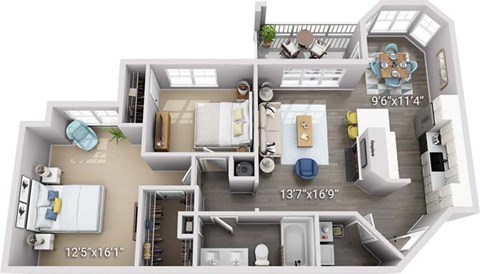 A 3D floor plan of a house with dimensions.