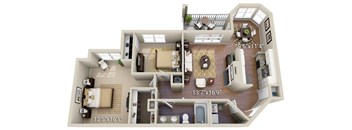A 3D floor plan of a house with dimensions.