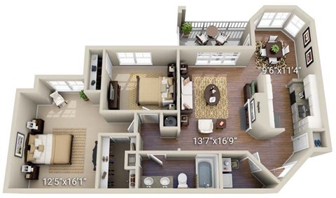 A 3D floor plan of a house with dimensions.