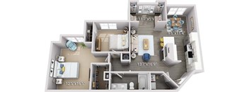 A 3D floor plan of a house with labeled dimensions.