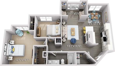 A 3D floor plan of a house with labeled dimensions.